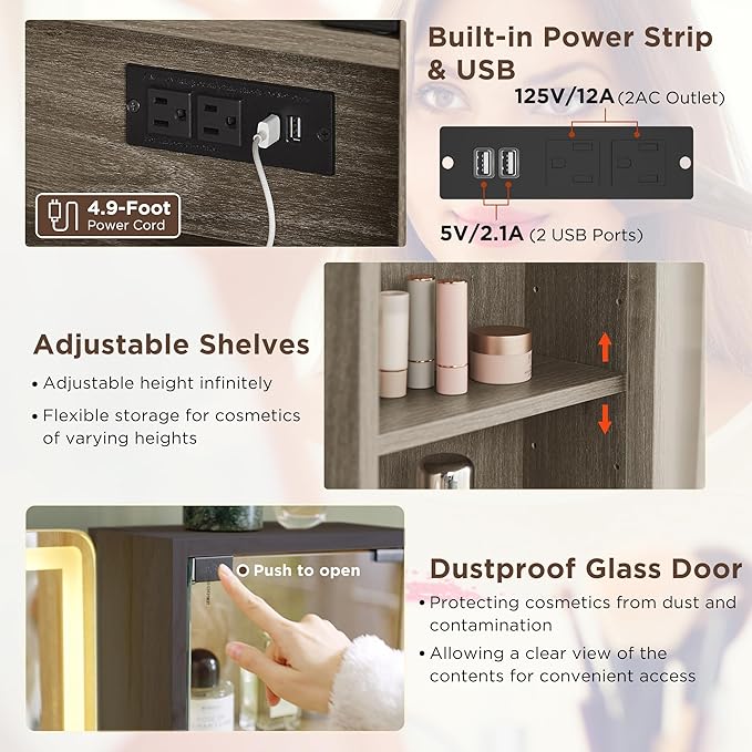 T4TREAM 48" Fluted Makeup Vanity Desk with Large 36" Mirror and Lights, Modern Glass Top Big Vanity Table w/5 Drawers & Adjustable Shelves, Dressing Table w/Charging Station for Bedroom, Grey Alder