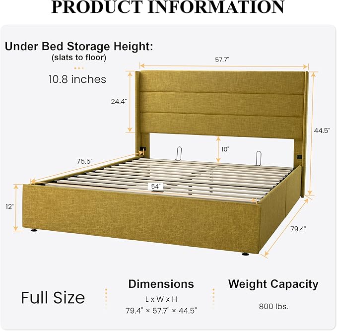SHA CERLIN Full Size Lift Up Storage Bed/Modern Wingback Headboard/Upholstered Platform Bed Frame/Hydraulic Storage/No Box Spring Needed/Wood Slats Support/Olive Yellow