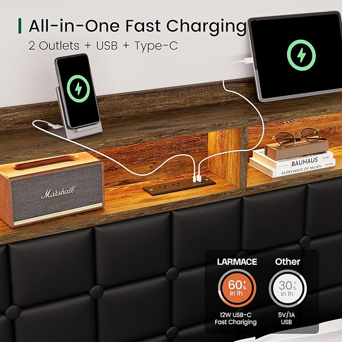 King Size Bed Frame with Charging Station and LED Lights Wooden Platform Bed Frame with 4 Storage Drawers and Bookcase Headboard, Faux Leather Upholstered, No Box Spring Needed, Brown