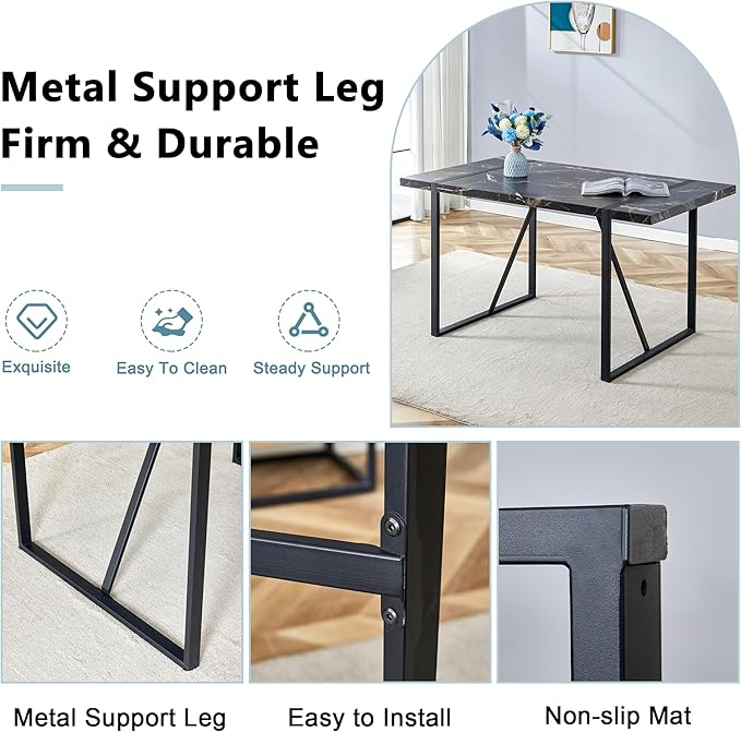 Dining Table Chairs Set for 4, Modern Rectangular Dining Room Table Set PU Leather Upholstered Dining Chairs 55" Dinner Table Set for Kitchen (B-Black, 55 inch Table + 4 Chairs)