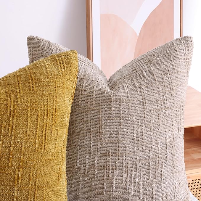 decorUhome Fall Oatmeal Chenille Throw Pillow Covers 16x16 Set of 2 Thick Textured Slubby Couch Pillow Covers Farmhouse Accent Modern Neutral Decorative Pillow Cases for Bed Sofa Living Room