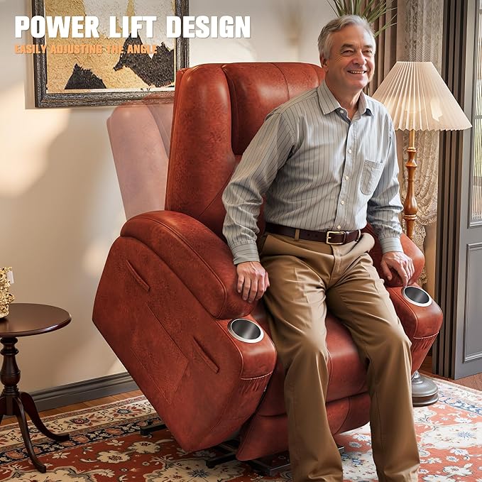 Flamaker Power Lift Chair with Vibration Massage Luxurious Leathaire Fabric Electric Lift Recliner for Elderly Power Lift Recliner Chair with Cup Holders Side Pockets for Living Room (Red Brown)