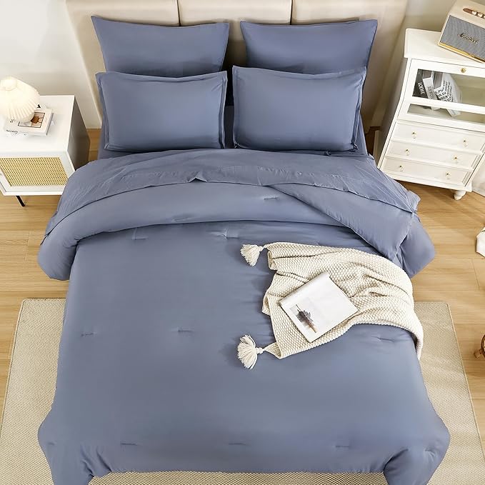 Litanika Queen Comforter Set Bluish Grey - 7 Pieces Bed in a Bag Queen Bedding Comforter Sets, Solid Lightweight Bed Set with Comforter, Sheets, Pillowcases & Shams