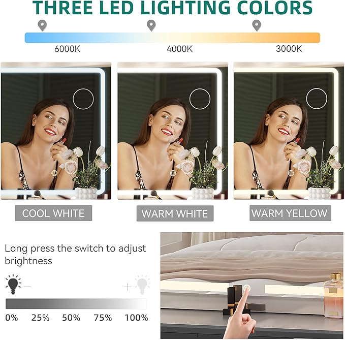 YITAHOME Lighted Vanity Table with Glass Top, 11 Drawers & Storage Stool, Makeup Desk with Smart Mirror, Touch LED Lights, Charging Ports & Hair Dryer Holder