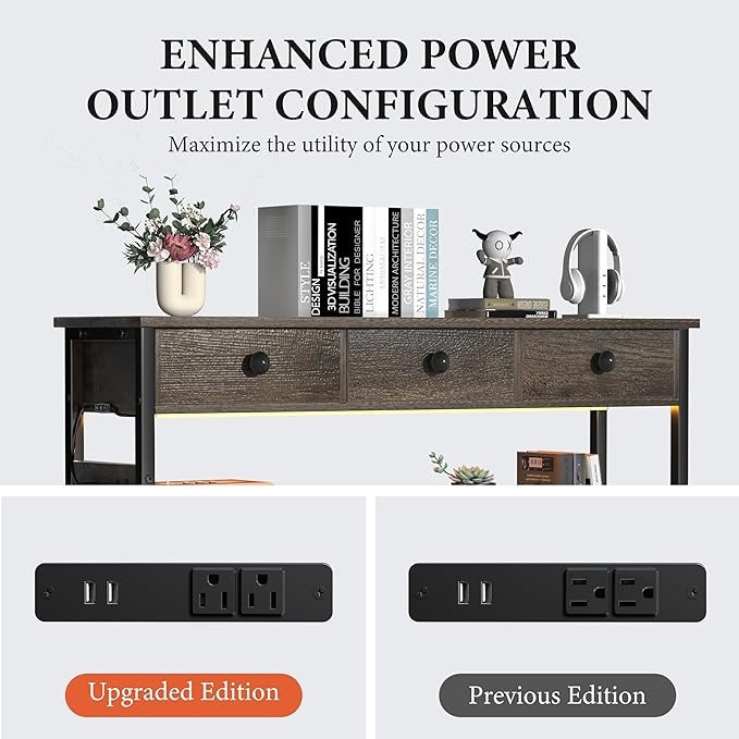 47" Entryway Table with Outlets: Console Table with Storage Shelves, USB Ports, LED Light Strip, and 3 Wood Drawers for Sofa, Living Room, Hallway, Foyer, Couch, TV and Aquarium Stand