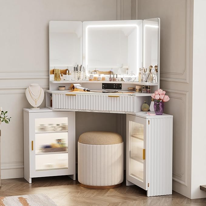 Corner Vanity Desk with 3 Way Mirror & LED Light, Fluted Makeup Vanity with Glass Top, Charging Station, Large Drawer & 2 Sliding Storage Cabinets with Human Sensor Light, White Marble