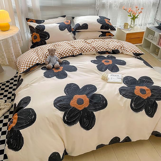 Cottonight Black Sunflower Comforter Set Queen Beige Black Floral Bedding Comforter Set Big Flower Botanical Quilts Boho Blankets Cute Elegant Bedding Set for Women Girls Queen Bed