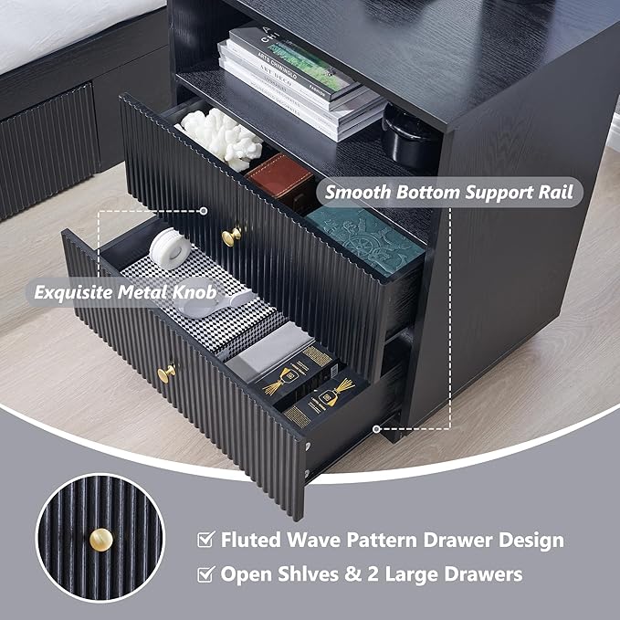 Fluted NightStand with Charging Station, 21.65" Black Nightstand with Drawer/Open Shelves, 2 Drawer Dresser for Bedroom, Morden End Table Bedside Table for Bedroom, Living Room,Black