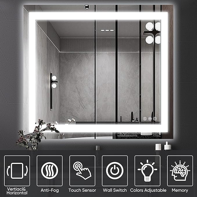 Antok 36"x 36" LED Bathroom Mirror with Lights, Anti-Fog, Dimmable, Lighted Vanity Mirror with Tempered Glass, Memory Function, 3 Light Modes, Safe Use, Horizontal, Vertical