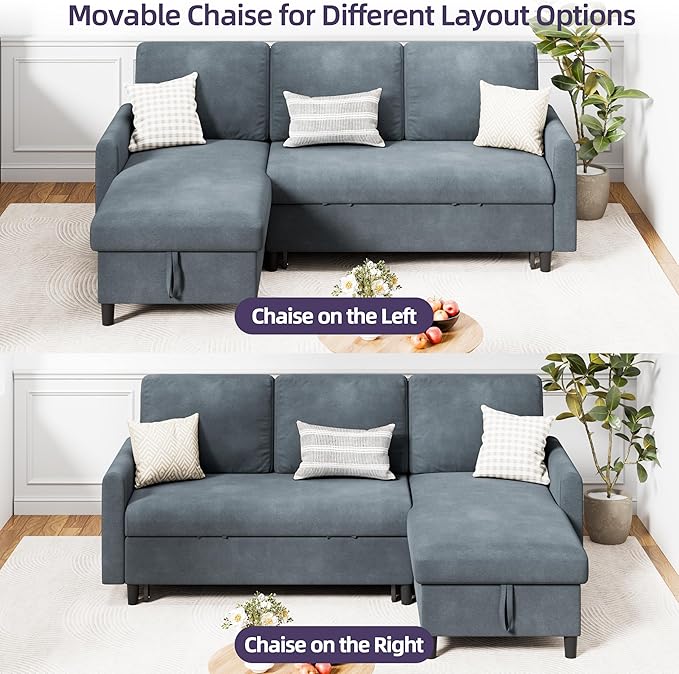 Shintenchi Sofa Couch, Sofa Bed- 2 in 1 Pull Out Couch Bed with Storage Chaise for Living Room, Sofa Bed Sectional Sofa Couch Linen Couch (Blue Grey)