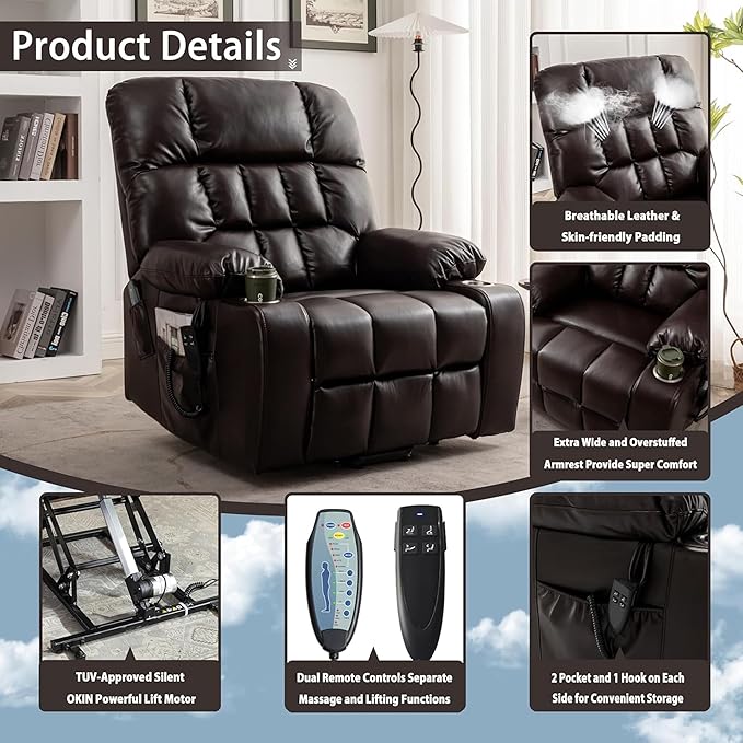 Power Lift Recliner Chair with Massage and Heating for Elderly, Oversized Lay Flat Recliner, Big and Tall 400lbs, Dual Motors, Cup Holders, Heavy Duty, Adults (Red)