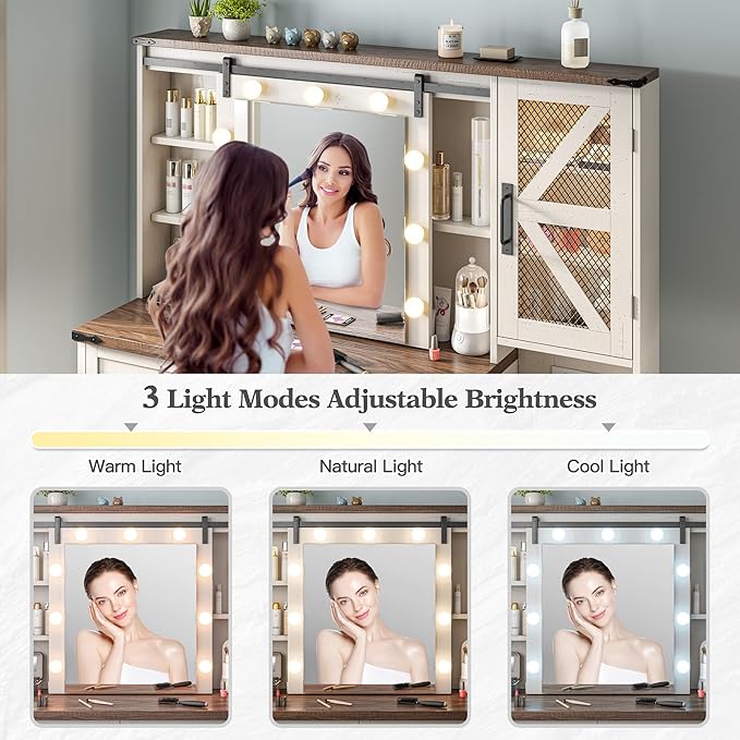 EnHomee 47.2" Farmhouse Makeup Vanity Desk with Sliding HD Mirror and Lights, White Vanity Table with 4 Drawers & RGB Cabinets, Modern Lighted Vanity Table for Bedroom, Antique White