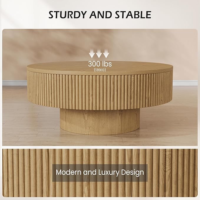 35” Round Fluted Coffee Table, Modern Wood Circle Coffee Table, Veneer Handcrafted Relief Tea Table with Sturdy Pedestal for Living Room, Easy Assembly - Natural
