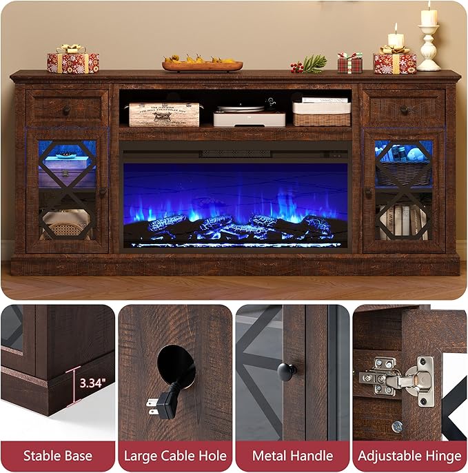 Farmhouse 70" Fireplace TV Stand with 37" Electric Fireplace, Large LED Entertainment Center with Storage for 80" TVs, TV Console Cabinet with Diamond Door for Living Room, Brown