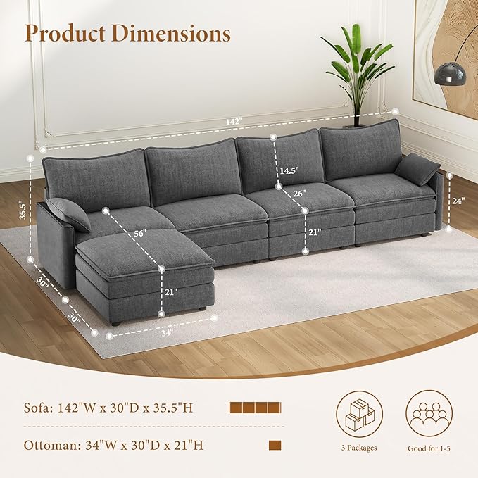 Vesgantti 142" Cloud Couch Sectional Modular Sofa, Comfy Sectional Couch with Ottoman Deep Seat Chenille L Shaped Sofa, Modular Couches for Living Room, Bedroom and Apartment, Gray