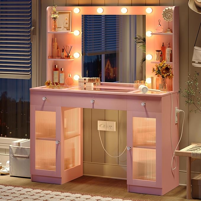 Makeup Vanity with Glass Top, Pink Vanity Desk with Mirror and Lights, Big Vanity with Drawers & Cabinets for Bedroom, Cute Vanity with Crystal Knobs & Power Outlet for Women, Girls