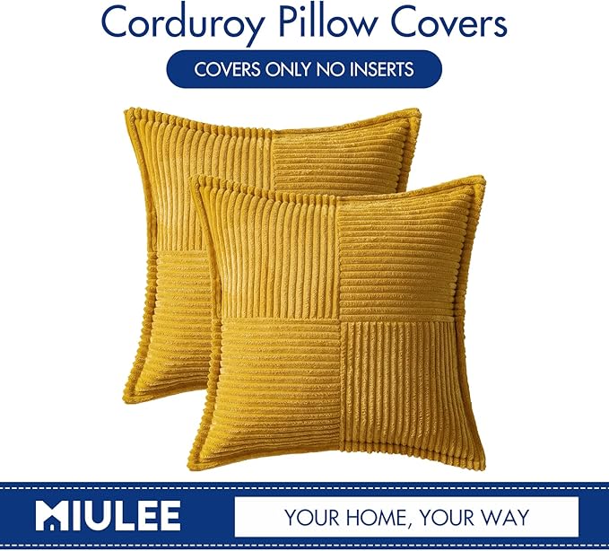 MIULEE Decorative Throw Pillow Covers for Couch Bed Livingroom 20x20 Inch Set of 2 Fall Mustard Yellow Boho Accent Throw Pllows Broadside Striped Patchwork Soft Corduroy Pillowcases