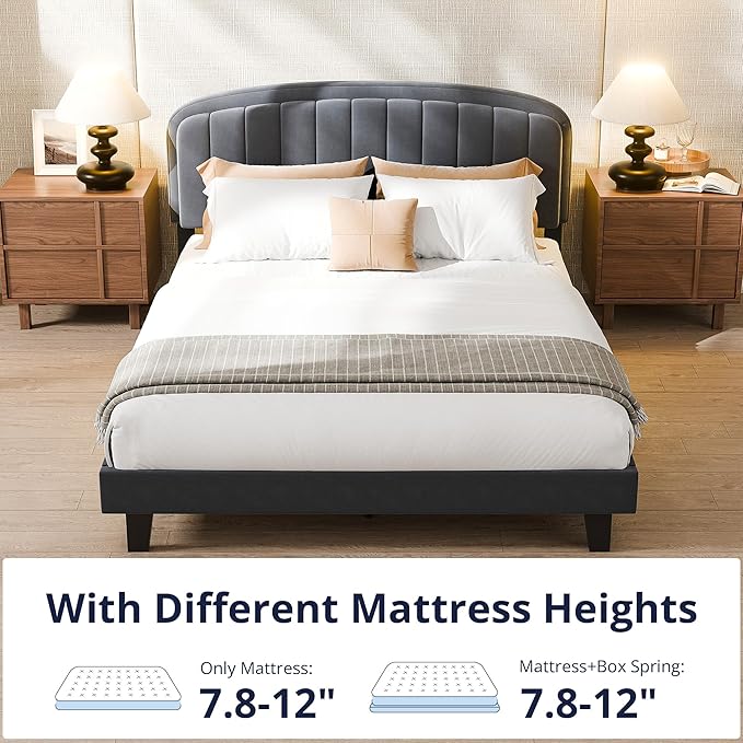 Cozy Castle Queen Bed Frame, Upholstered Platform Bed with Velvet Adjustable Curved Headboard, Mattress Foundation with Strong Wooden Slats, No Box Spring Needed, Easy Assembly, Gray