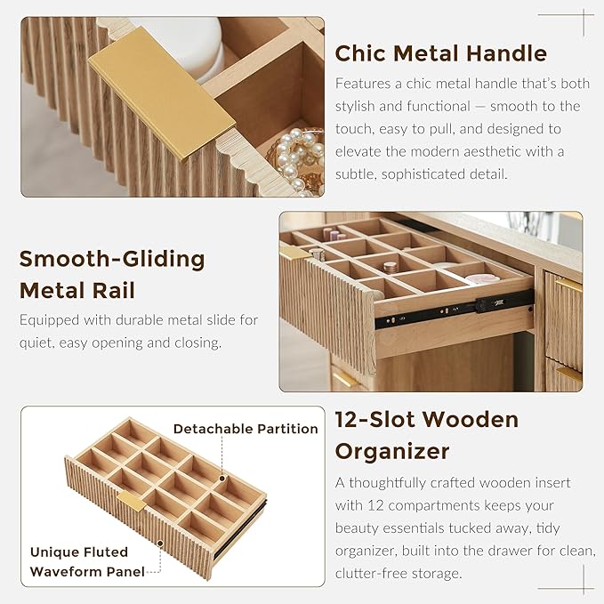 T4TREAM 48" Fluted Makeup Vanity Desk with 48" Large Mirror and HD Lights, Modern Vanity Table with 9 Drawers & Charging Station, Glass Top and Golden Handles Dressing Table for Bedroom,Natural Oak