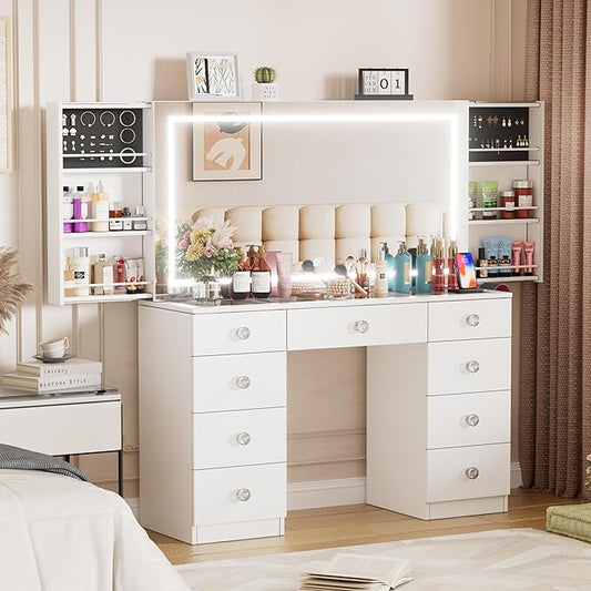 Makeup Vanity Desk with Large Mirror and Lights,White Vanity Table with Glass Top,9 Drawers,3 Color Modes,Sliding 2 Wall Mounted Jewelry Storage Racks,Suitable for Bedroom Ladies and Girls