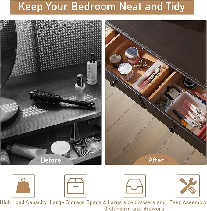 Farmhouse Dresser for Bedroom, 54" Modern 7 Drawers Dresser with Vintage Styles Pulls, Wood Rustic Closet Chest of Drawers for Living Room, Hallway, Espresso