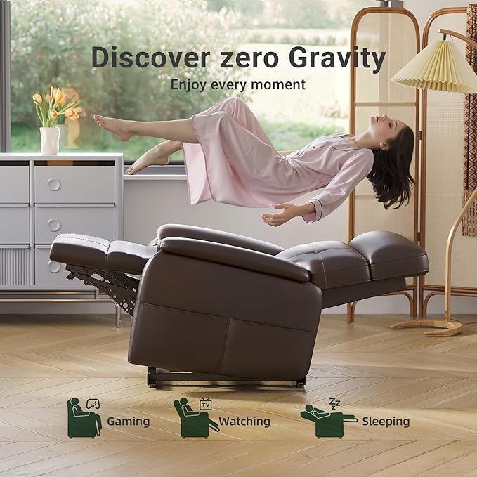 Claiks Zero Gravity Recliner Chair, Oversized Reclining Chair for Adults, Adjustable Electric Reclining Sofa Lounge with USB&Type-C Ports, Side Pocket, for Living Room, PU Leather, Dark Brown