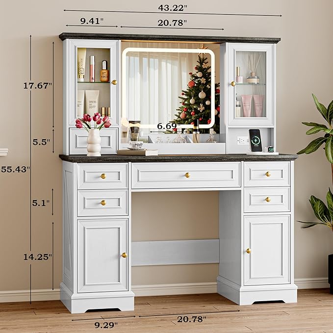 Vanity Desk with Lights, Large LED Mirror with 3 Color Modes, Makeup Vanity with Power Outlet & USB Ports, 6 Drawers & 2 RGB Glass Cabinets, Farmhouse Dressing Table for Women & Girls (White)