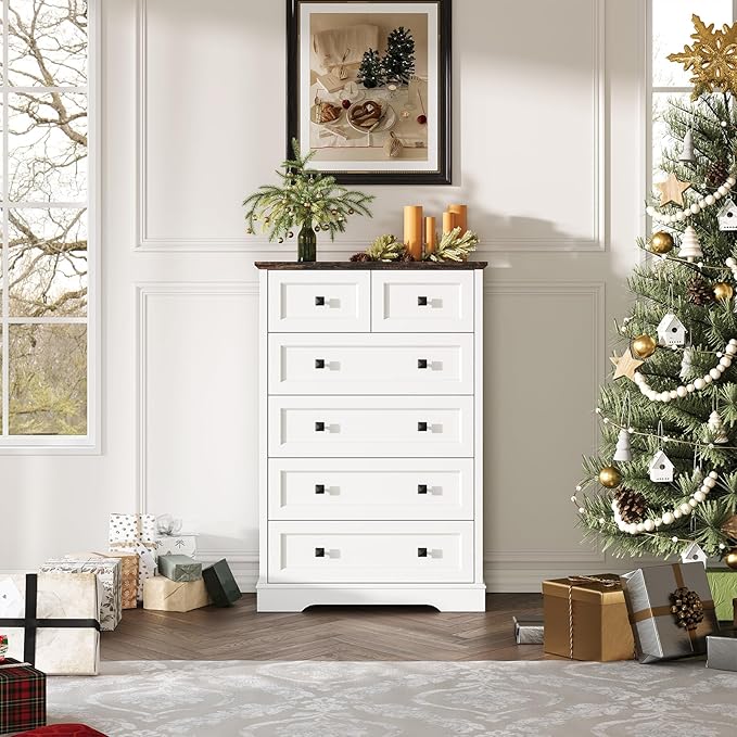 Farmhouse 6 Drawers Dresser Chests for Bedroom, White 6 Chest of Drawers, Wood Dressers Organizer for Closet, Modern Storage Organizer Cabinet for Bedroom,Living Room,Hallway & Entryway