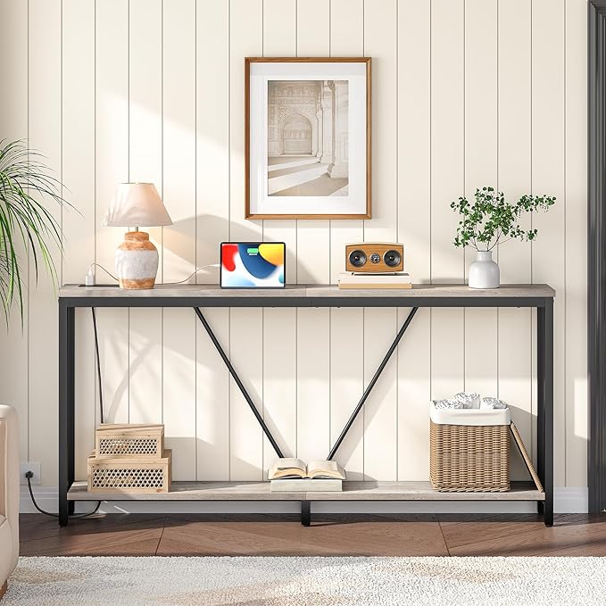HOOBRO 70.9" Extra Long Sofa Console Table with Charging Station, 2-Tier Behind Couch Table with V-Brace, for Narrow Entryway, Hallway, Living Room, Greige BG186UXG01