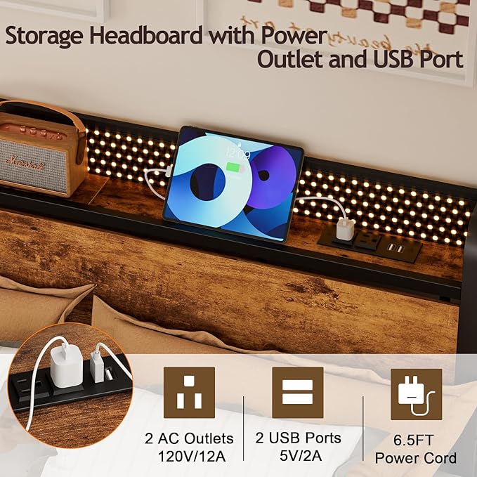 Furnulem Full Bed Frame with LED Lights,Industrial Storage Headboard with Charging Station,USB Port,Under Bed Storage,Wood Platform with Strong Metal Support,No Box Spring Needed, Silent