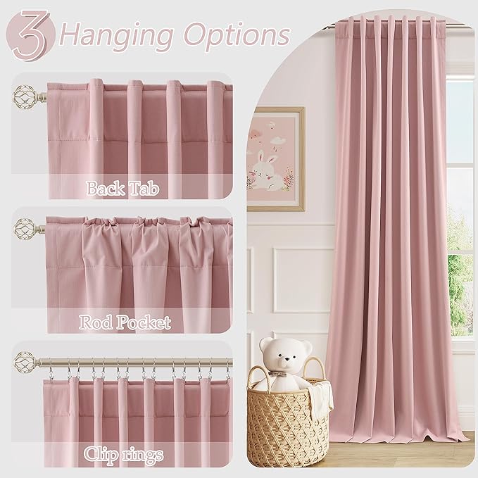 Guken 100% Blackout Linen Curtains 108 Inch 2 Panels Set for Girl's Bedroom, Living Room, Nursery, Back Tab Thermal Insulated Black Out Drapes Room Darkening, Pink