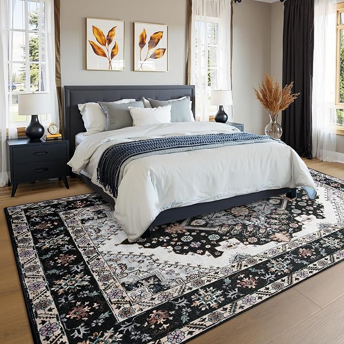 Living Room Rug 6x9 Rug, Machine Washable Area Rug Non Slip Low Pile Rug for Living Room, Bedroom, Farmhouse, Dining Room, Black