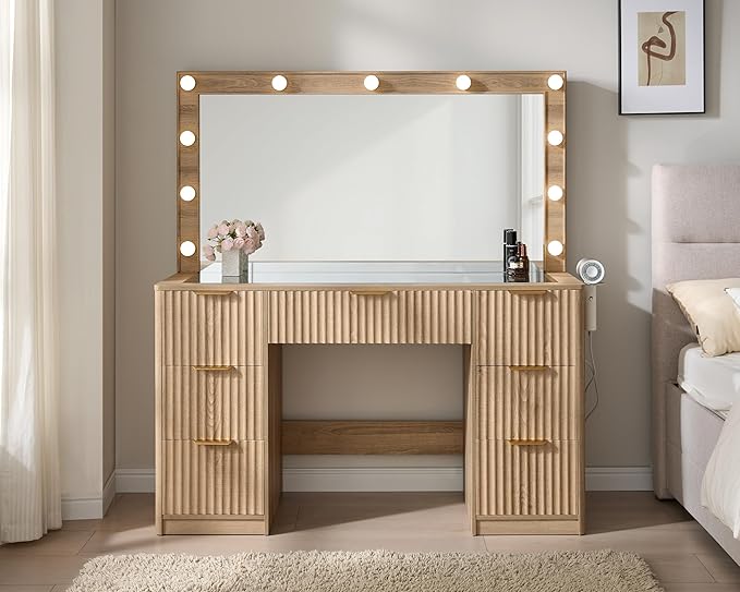 AMERLIFE 47.2" Fluted Vanity Desk with Large Mirror and Adjustable LED Lights, 7 Drawers Makeup Table with Glass Top and Charging Station for Women and Girls, Bedroom or Dorm, Oak