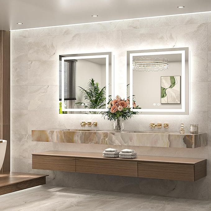 TETOTE 30 x 30 Inch LED Bathroom Mirror with Frontlit and Backlit, Brighter Light up Bathroom Vanity Mirror with Lights, 3-Color Dimmable Illuminated Anti Fog Mirror Wall Mounted, Waterproof