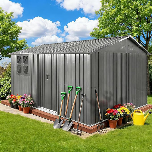 12 x 10 FT Outdoor Storage Metal Shed, Bike Garden Tool Shed with Slooping Roof, Lockable Doors and Aluminum Frames, Shed Easy to Assemble for Garden, Patio, Lawn, Grey