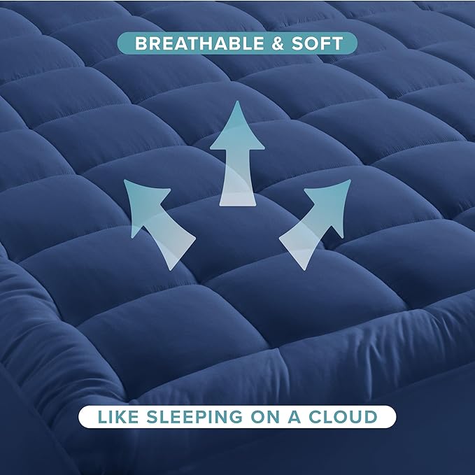 Bare Home Twin Mattress Topper Cotton Top - Plush Topper for Mattress - Fitted Mattress Cover - Cooling Breathable Air Flow - 8" to 21" Deep Pocket - Soft Mattress Pad (Twin, Dark Blue)
