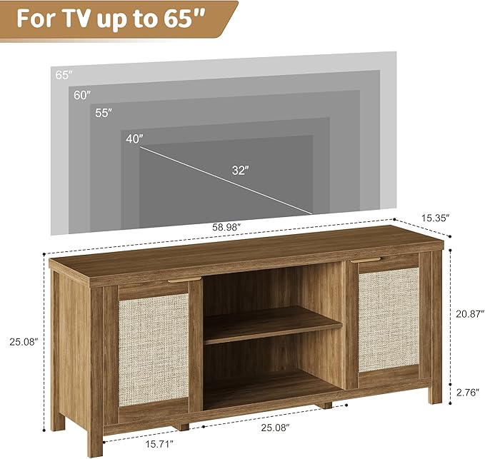 Rattan TV Stand for TVs up to 65'',Boho Entertainment Center with Adjustable Shelves, Mid Century Modern Media TV Console Cabinet with Rattan Doors for Living Roon Bedroom Caramel Oak LTV91BR