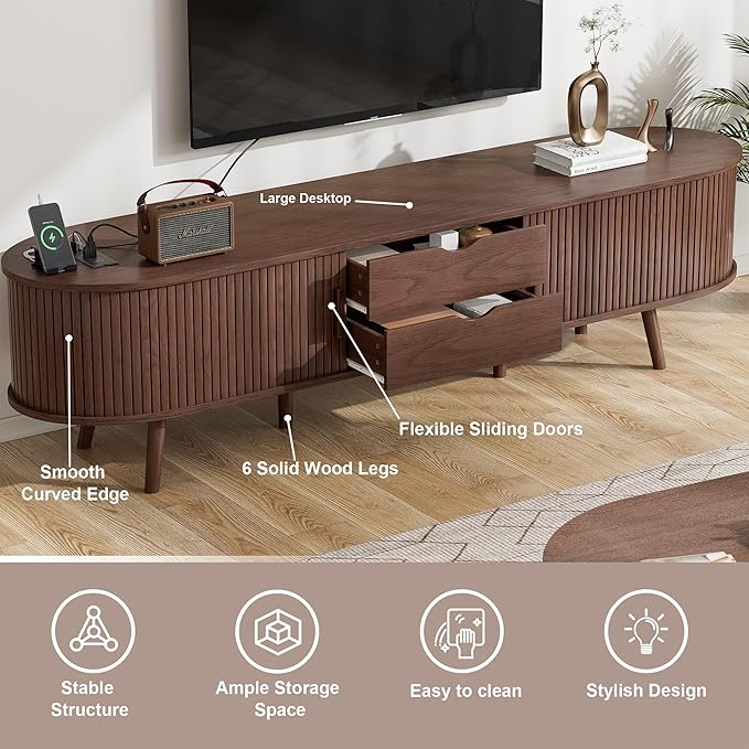 Alohappy 69" Mid Century Modern TV Stand with Charging Station, Farmhouse Curved Edge TV and Media Console Table with Drawer and Shelf, Fluted Entertainment Center for Living Room, Bedroom, Walnut