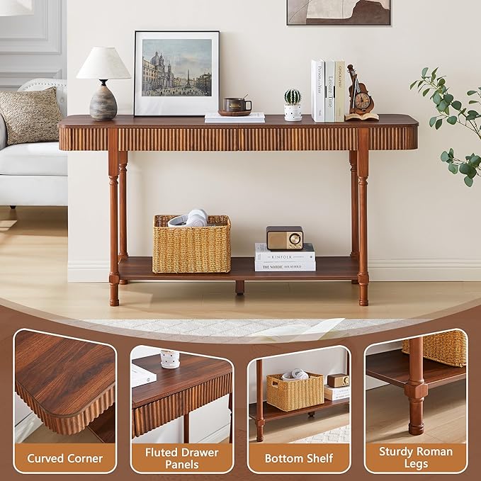 63”Console Table with 2 Drawers,Retro Entryway Table with Fluted Panel & Storage Shelf,Narrow Long Behind Couch Tables Accent Sofa Table with Solid Wood Legs for Living Room Foyer Hallway(Walnut)