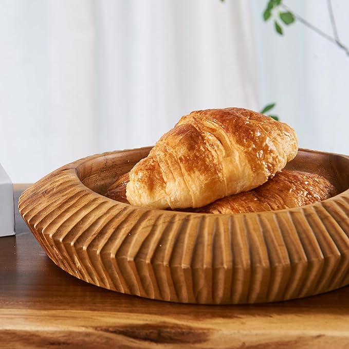 Teak Handcrafted Wooden Bowls Natural Wood Round Utility Bowl 11.8" W Handmade Rustic Serving Platter Fruit Snack Holder for Entry Table Vintage Artworks Dining Room Home Décor