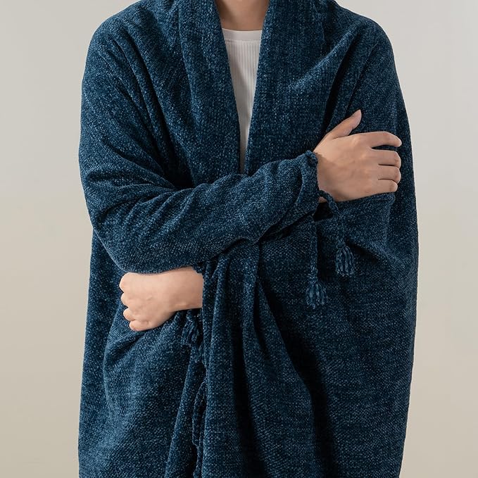 BATTILO HOME Navy Blue Throw Blanket for Couch, Bed, Sofa - Soft Cozy Chenille Throw with Fringe Tassels, Lightweight Knit Throw for Home Decor, 50"x60"