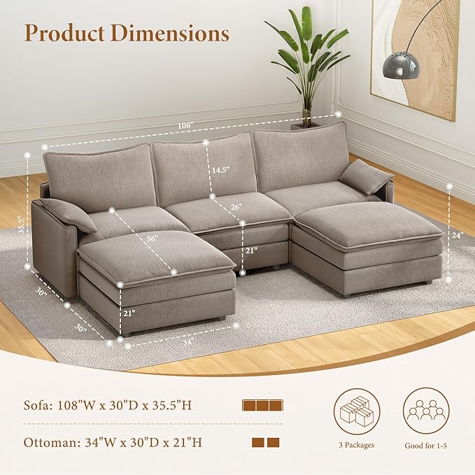 Vesgantti 108" U Shaped Sectional Couch, Comfy Cloud Modular Sectional Sofa with 2 Ottoman Deep Seat Chenille Modern Cloud Sofa, Modular Sofas for Living Room, Bedroom and Apartment, Light Brown