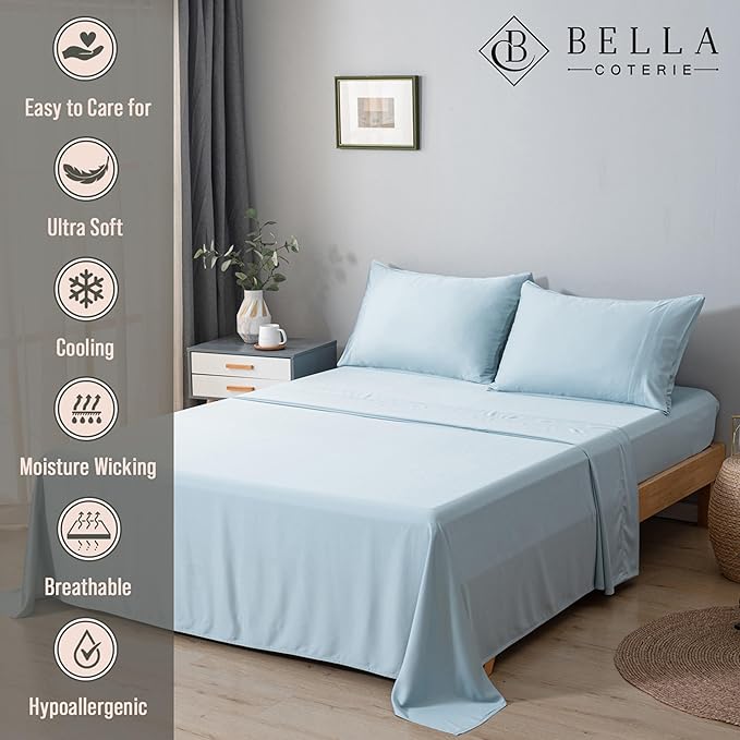 Bella Coterie Luxury Bamboo Viscose Full Size Sheet Set | 100% Organically Grown | Ultra Soft | Cooling for Hot Sleepers | 18" Deep Pocket [Coastal Blue]