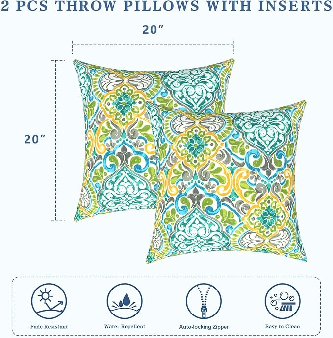 LVTXIII Outdoor Throw Pillows, Decorative Throw Pillows with Inserts, 20"x20" Square Pillows for Bed, Couch, Sofa and Patio Furniture, Set of 2, Damask Green