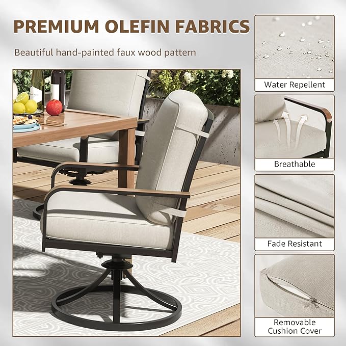 NATURAL EXPRESSIONS 5 Piece Outdoor Patio Dining Sets, 4pcs Swivel Dining Chairs & Square Woodgrain Dining Table with 1.65”Umbrella Hole for Lawn, Garden, Deck, Backyard and Porch