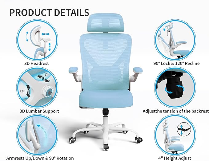 Office Chair - Ergonomic Office Chair with Back Support, Ergonomic Computer Chair - Home Office Desk Chairs, 400lbs Wide Seat Big and Tall Office Chairs with Headrest, Comfy Desk Chairs (Lake Blue)