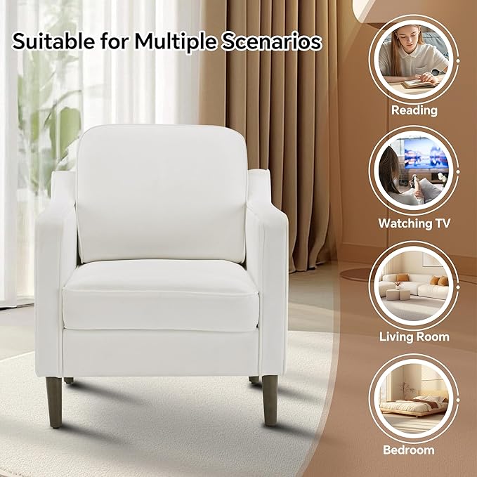 Mid Century Modern Accent Chair, Upholstered Reading Armchair for Living Room, Velvet Comfy Sofa Chair with Wood Legs for Bedroom, Office, Waiting Room, Ivory