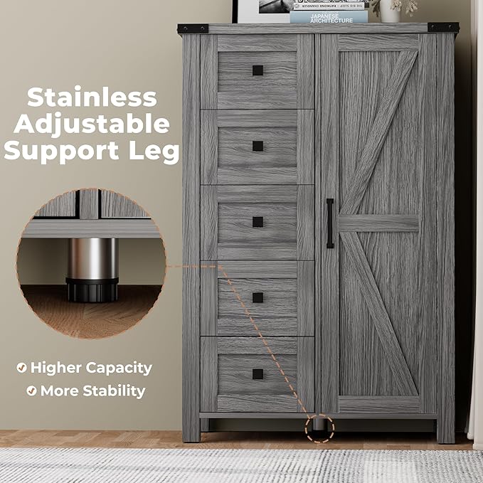 Farmhouse Dresser Storage Cabinet Chest of Drawer for Bedroom, 5 Drawer Dresser with Barn Door, 48 Inch Tall Grey Wood Dresser, Adjustable Shelves, Rustic, for Living Room, Entryway, Hallway