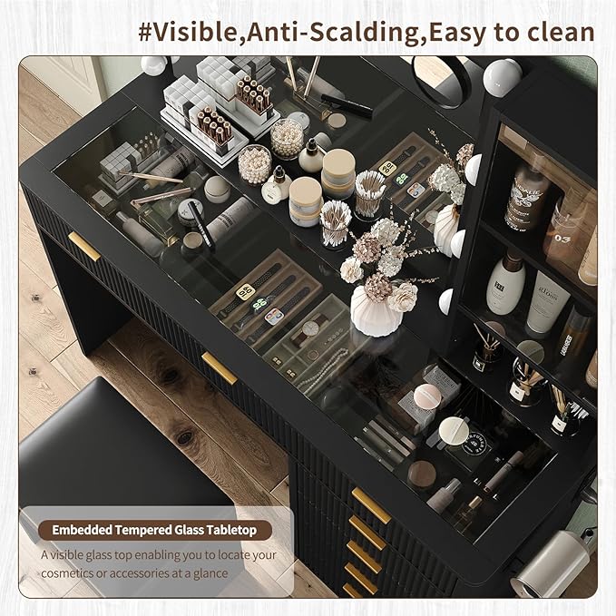 7 Drawers Fluted Vanity Desk with Charging Station, 47'' W Makeup Vanity with LED Lights and HD Mirror, 3 Lighting Modes Adjustable, Glass Top, Vanity Set for Bedroom, Black