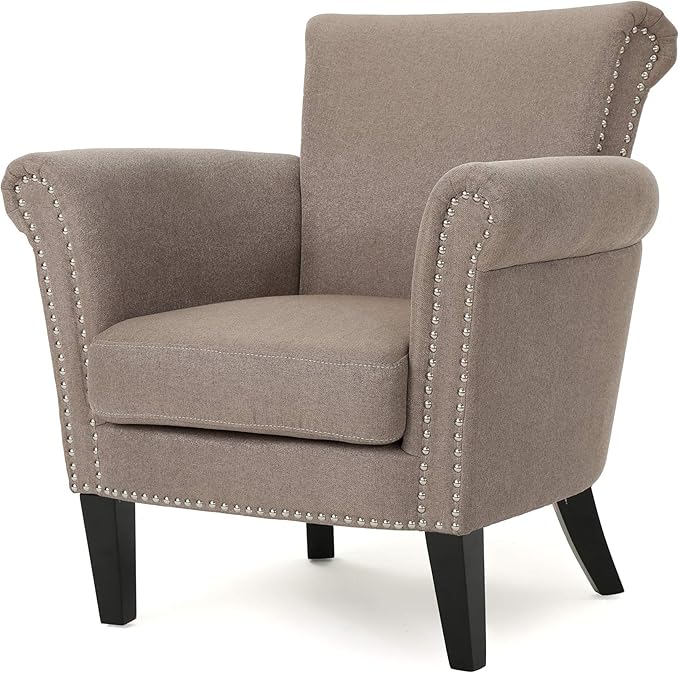 Christopher Knight Home Brice Vintage Scroll Arm Studded Fabric Club Chair, Light Coffee / Dark Brown, 31D x 29.5W x 31.5H in